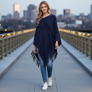 Riah Fashion Chic Navy Fringe Knit Poncho Wrap One Size Fits Most NWT